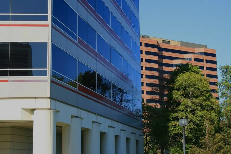Commercial office building with solar window tinting